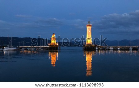 The historic lighthouse of Lindau at Lake Constance (Bodensee) in Bavaria at night