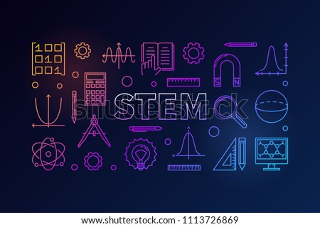 STEM creative colored banner in outline style. Vector science, technology, engineering, math linear illustration on dark background Royalty-Free Stock Photo #1113726869