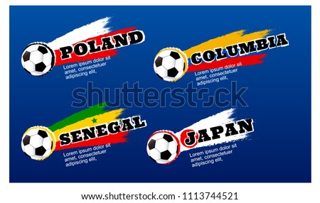 Football tournament set of vector graphic flags and names of Poland, Columbia, Senegal, Japan.