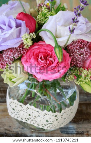 Bouquet with rose, eustoma and lavender flowers. 