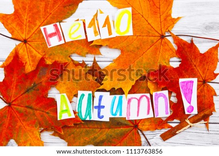Tag with the Words Hello Autumn and a Colorful Autumn Leaf in the Background