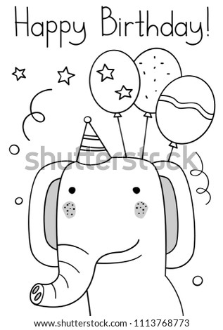 Doodle sketch elephant Happy Birthday greeting card. Cartoon elephant with bonnet and three balloons vector Illustration. Hand drawn party postcard. Wild mammal animal. EPS 10