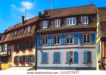 Traditional old french city street view with watercolored and outlined filtering, Colmar, Alsace, France