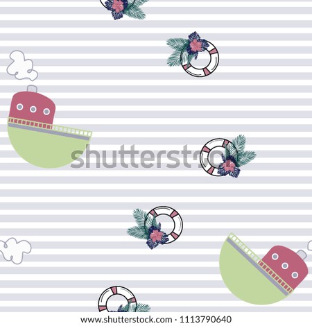 Seamless pattern with a boat and lifebuoy. Tropical background with life ring and leaves.