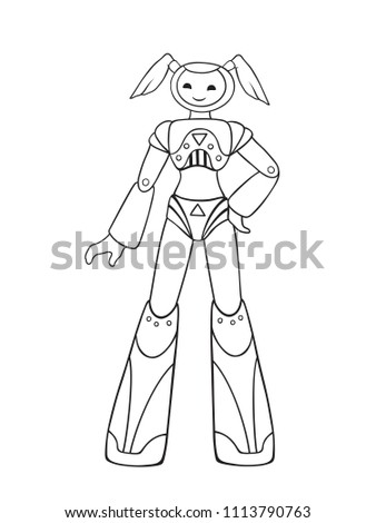 Vector illustration of a female robot. Cute robot girl. Contour drawing. Coloring book page.