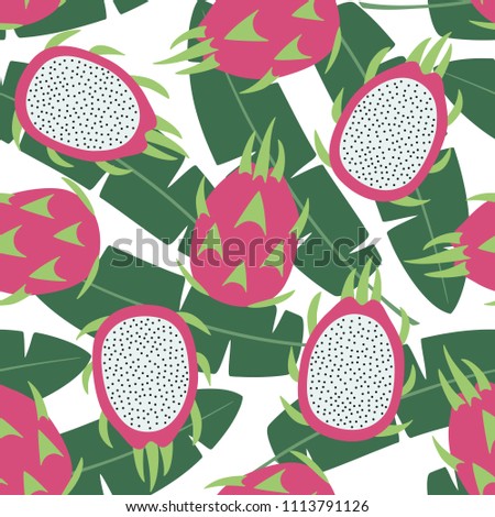 sweet whole dragon fruit and cut dragon fruit tropical exotic fruit pink with seeds pitaya on green leaves of banana palm tree background seamless pattern vector.