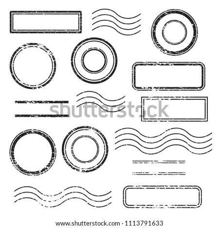 Set of postal stamps and postmarks, black isolated on white background, vector illustration. Royalty-Free Stock Photo #1113791633