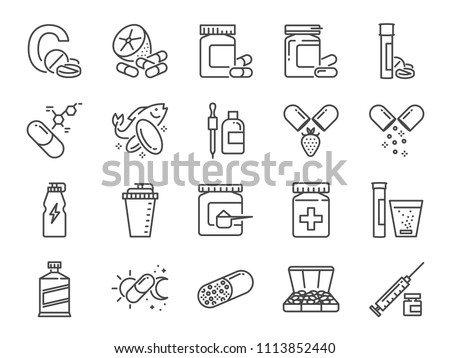Vitamin and dietary supplement icon set. Included the icons as vitamin c, fish oil, whey protein, tablet, pills, medication, medicine and more. Royalty-Free Stock Photo #1113852440