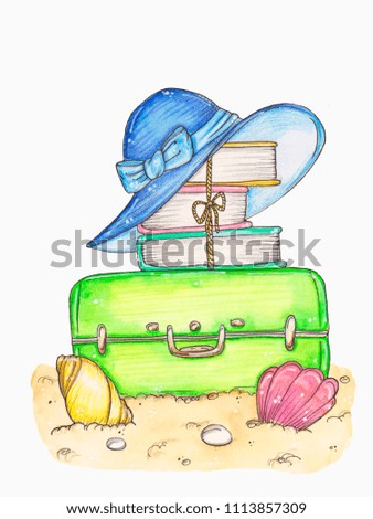 Watercolor illustration summer holidays with baggage, books and hat on the beach. Isolated on white background. Can be used as a card or invitation.