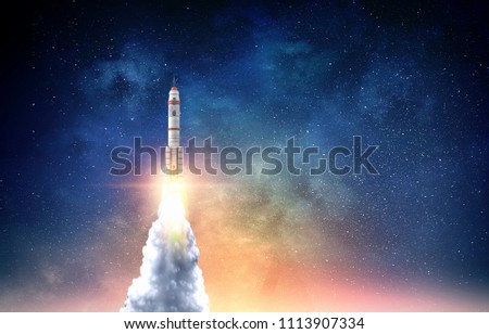 Rocket space ship . Mixed media Royalty-Free Stock Photo #1113907334