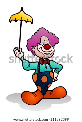 illustration of a purple hair funny clown holding yellow umbrella on isolated white background