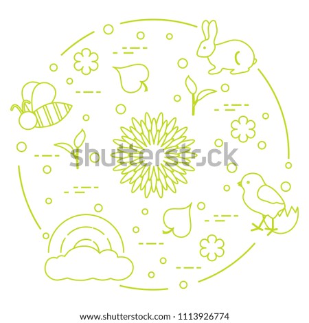 Rainbow, cloud, chicken, rabbit, flowers, leaves, bee, shell, egg, sprouts. Spring theme. Template for design, print.