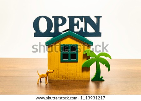 Open house with yellow dog and green pine tree in front