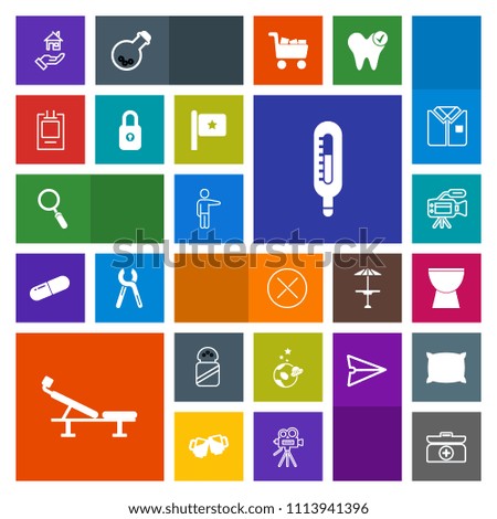 Modern, simple, colorful vector icon set with estate, pointing, cross, thermometer, microphone, zoom, close, percussion, salt, showing, kit, house, sign, hand, video, rent, exploration, space icons