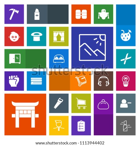 Modern, simple, colorful vector icon set with luggage, equipment, lightbulb, scenery, interior, market, airport, pruning, photography, torii, electricity, landscape, cart, bulb, bag, electric icons