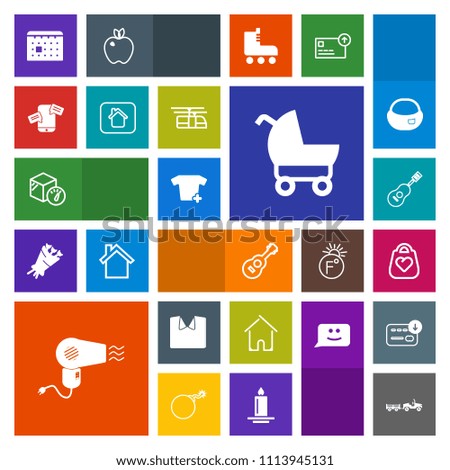 Modern, simple, colorful vector icon set with house, stroller, dryer, home, concert, clothes, shipping, white, timetable, clothing, fashion, bag, music, time, sky, hairdryer, blue, weight, baby icons