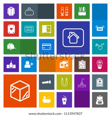 Modern, simple, colorful vector icon set with banking, transportation, light, bag, home, building, lamp, clothing, school, transport, housework, science, field, box, packaging, package, torch icons