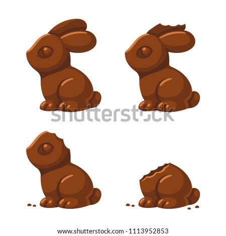 Cute chocolate bunny in different stages of being eaten: with a little bite, then ear and head bitten off. Traditional Easter treat, isolated illustration.