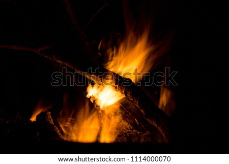Campfire burning logs and branches in fire at night long exposure close up