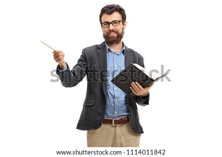 Professor holding a book and pointing with a wooden stick isolated on white background