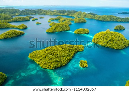 Beautiful view of Palau tropical islands and Pacific ocean from above Royalty-Free Stock Photo #1114032857