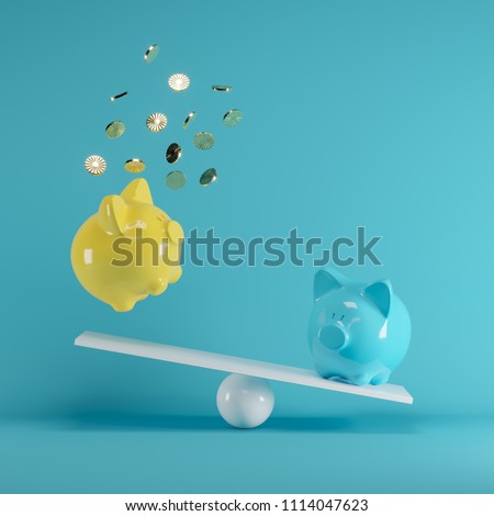 Blue and Yellow piggys bank playing with gold coin on seesaw on blue background. minimal idea funny concept. Royalty-Free Stock Photo #1114047623
