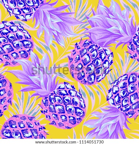 Pineapple. Seamless tropical pattern on a yellow background. Vector image.