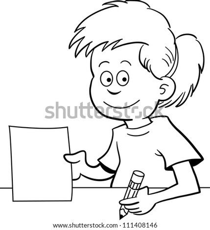 Black and white illustration of a girl holding a paper and sitting at a desk.