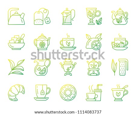 Tea thin line icons set. Outline vector web sign kit of cup. Tea time linear icon collection includes teapot, lemon, mint. Modern green gradient simple tea symbol isolated on white