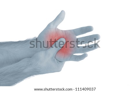 Acute pain in a man palm. Female holding hand to spot of palm-ache. Concept photo with Color Enhanced blue skin with read spot indicating location of the pain. Isolation on a white background.