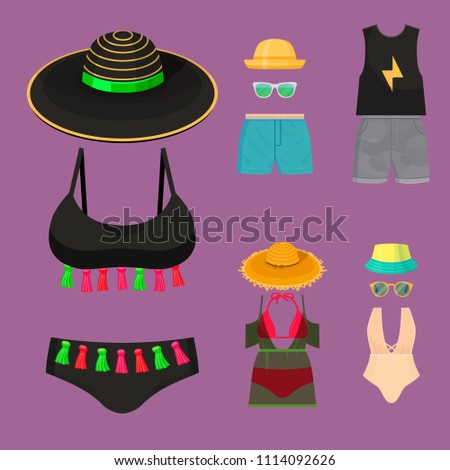 Beachwear bikini cloth fashion looks vacation lifestyle women collection sea light beauty clothes vector illustraton