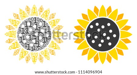 Sunflower collage icon of zero and one symbols in random sizes. Vector digit symbols are randomized into sunflower mosaic design concept.