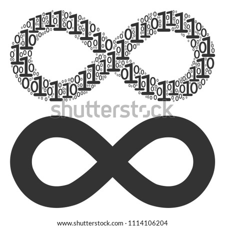 Infinity composition icon of zero and one symbols in different sizes. Vector digits are randomized into infinity illustration design concept.