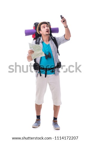 Man lost and looking for direction with map on white