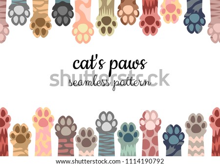 Seamless pattern, illustration of multi-colored cat paws on a white background. Brochure, card, flyer