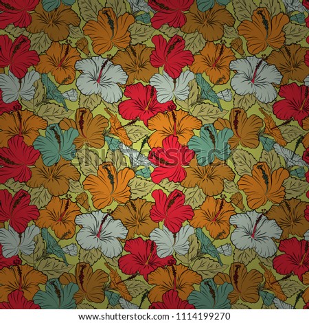 Floral background. Seamless vector pattern in red and orange colors with cute hibiscus flowers.