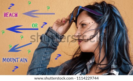 woman thinking about going to the beach or the mountain, vacation concept