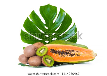 tropical fruits, papaya, kiwi and coconut