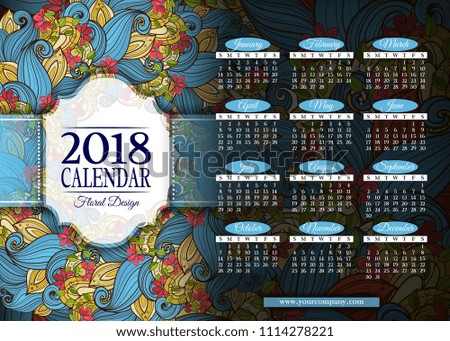Colored 2018 Year Calendar Rectangular Template. Beautiful Abstract Flowers, Elegant Feminine Design. Corporate Identity, Flyer, Wall Poster. Vector Illustration. Clipping Mask, Editable