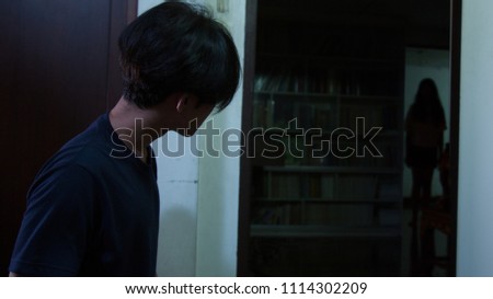 A man saw thai lady ghost Royalty-Free Stock Photo #1114302209