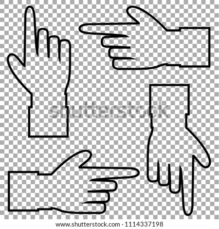 Black outline contour silhouette of hand with pointing or showing  in various directions finger. Vector set of hand cursor pictograms isolated on transparent background. 