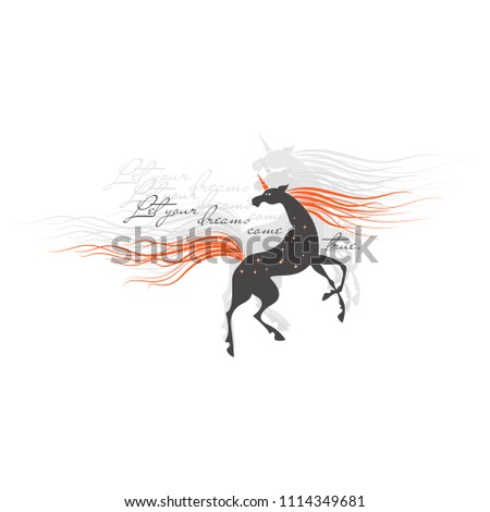 Magic unicorn. Let your dreams come true. Silhouette with quote. Beautiful fantasy print for t-shirt design. Inspirational and motivational vector