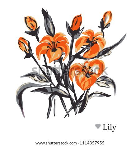 Decorative lily flowers, design elements. Can be used for cards, invitations, banners, posters, print design. Floral background in watercolor style