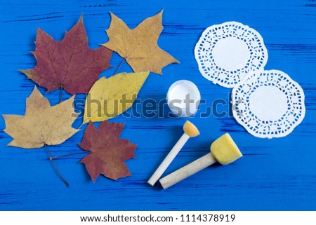 Hand-painted on dry autumn leaves by dint of paper lace napkin. Children's art project. DIY concept. Step by step photo instructions. Step 1. Preparation of materials and tools