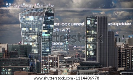 london city skyline with data and computer programming information  mapped onto the building facades