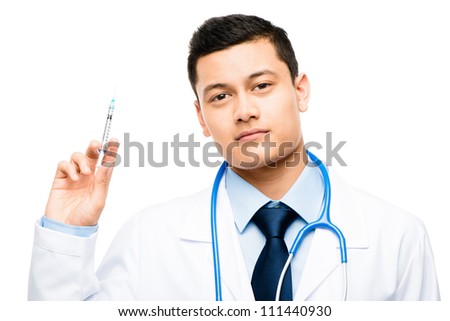 Confident happy Asian male doctor holding syringe on white background