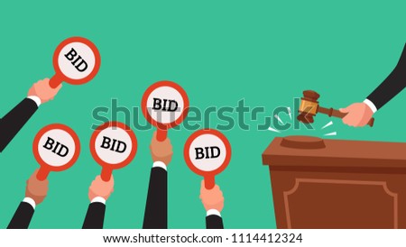 Auctioneer hold gavel in hand. Buyers competitive raising arm holding bid paddles with numbers of price. Auction bidding businessman human trade market colorful vector concept flat illustration Royalty-Free Stock Photo #1114412324
