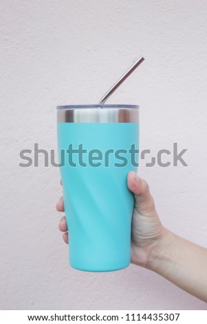 Stainless steel straw and thermos mugs for reusable set, stock photo