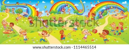 Children's entertainment complex with swing, sandbox, carousel and slides in recreation park. Children playing in playground. Kids zone. Place for games. Funny cartoon characters. Vector illustration Royalty-Free Stock Photo #1114465514