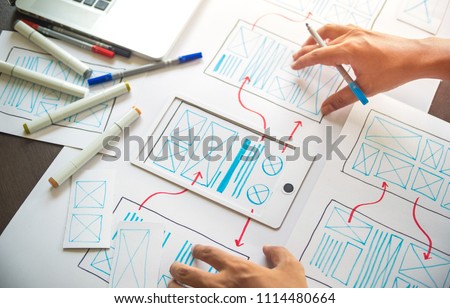 ux Graphic designer creative  sketch planning application process development prototype wireframe for web mobile phone . User experience concept. Royalty-Free Stock Photo #1114480664